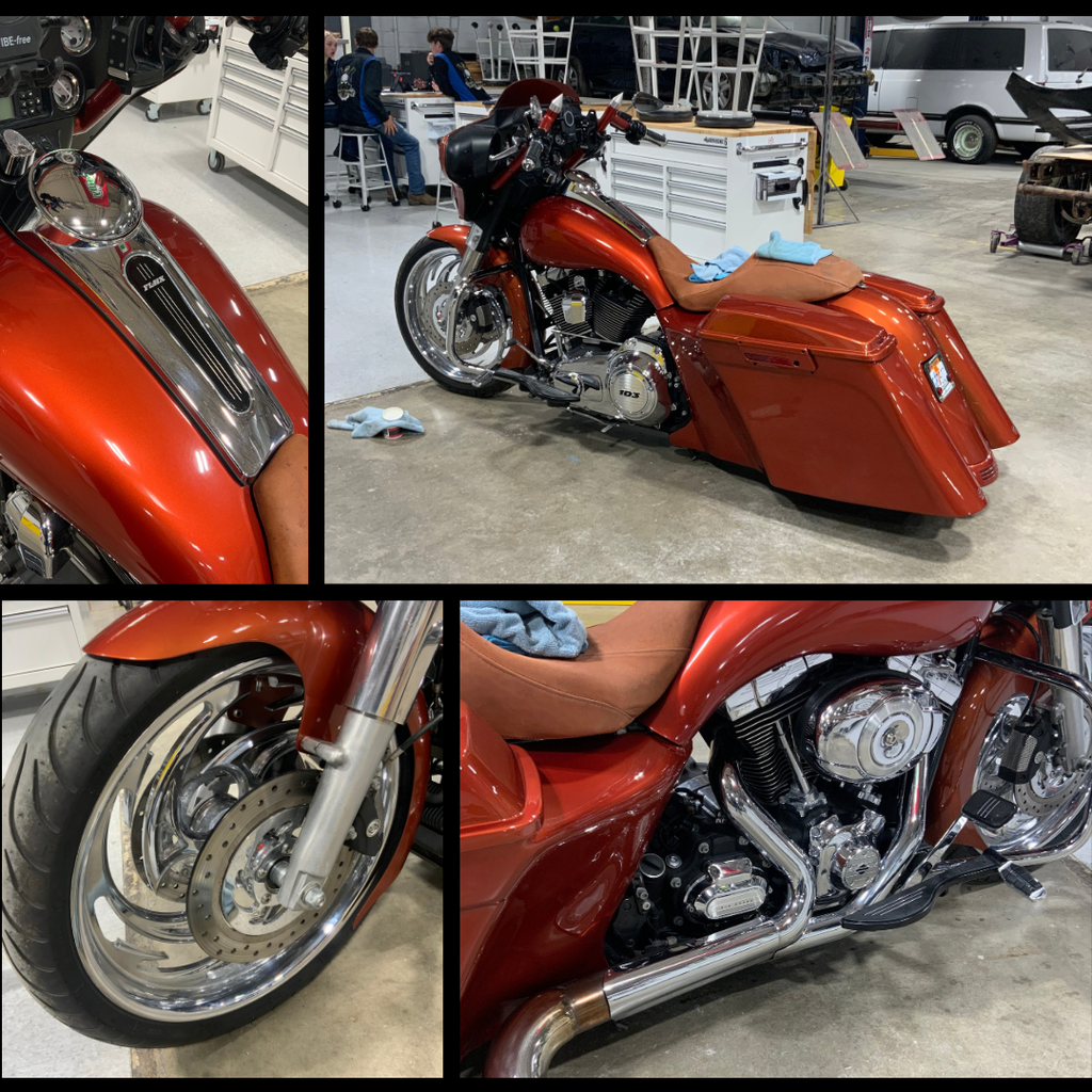 Images collage of students and motorcycle.