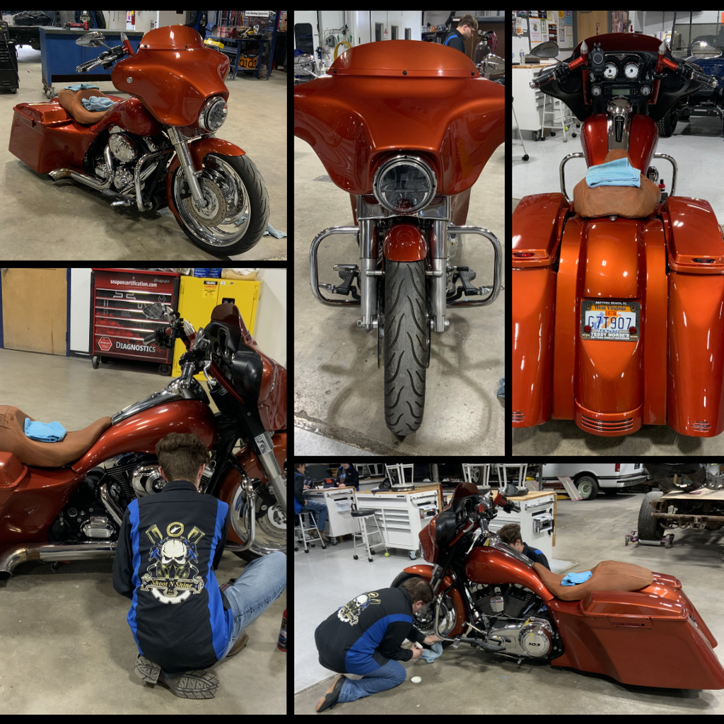 Images collage of students and motorcycle.