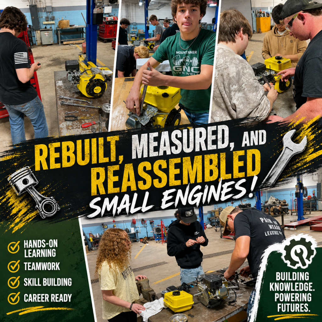 Image collage of students rebuilding small engines.