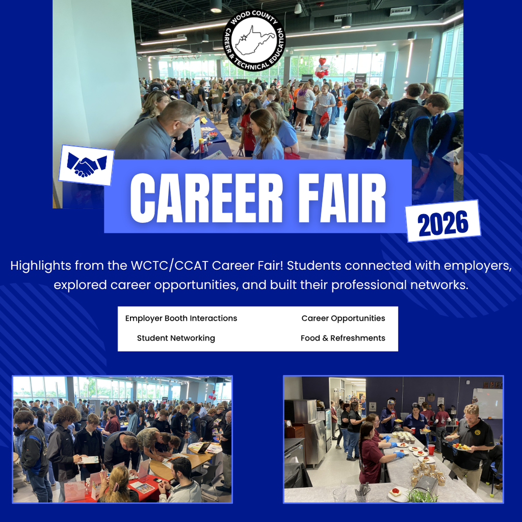 Career Fair flyer with three images of students and vendors.