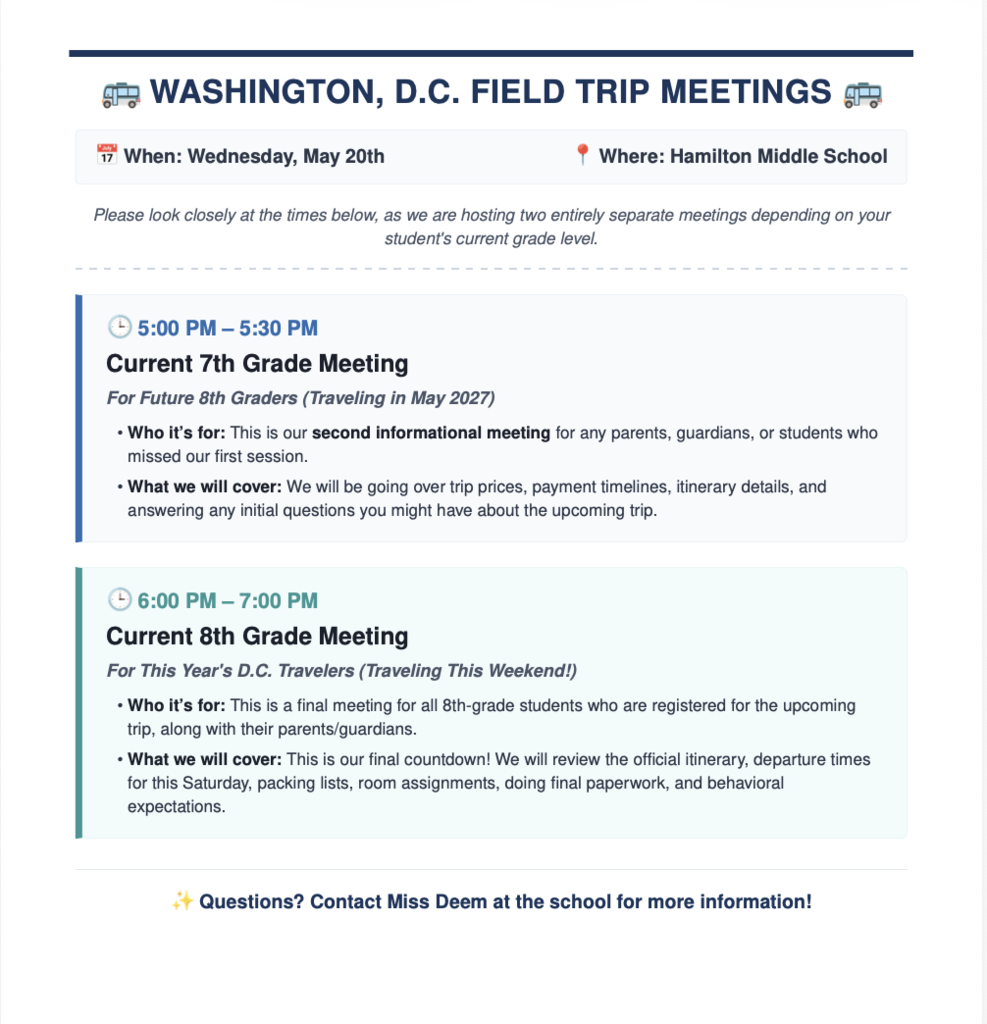 WASHINGTON D.C. FIELD TRIP MEETING