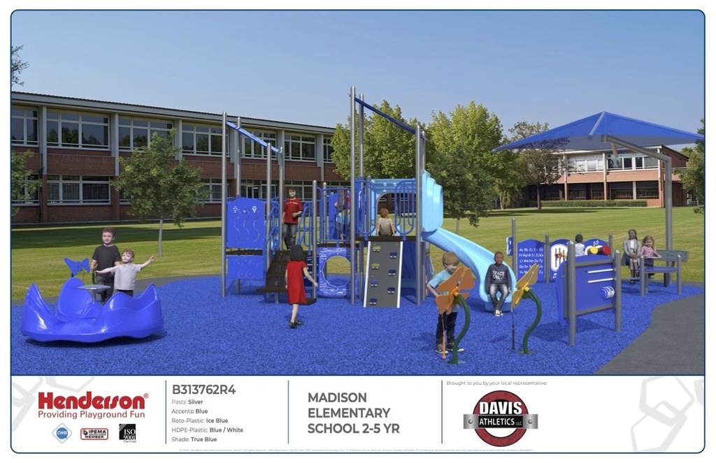 The image features a render brick school building in the background with a new, ADA compliant, playground in the forefront. 