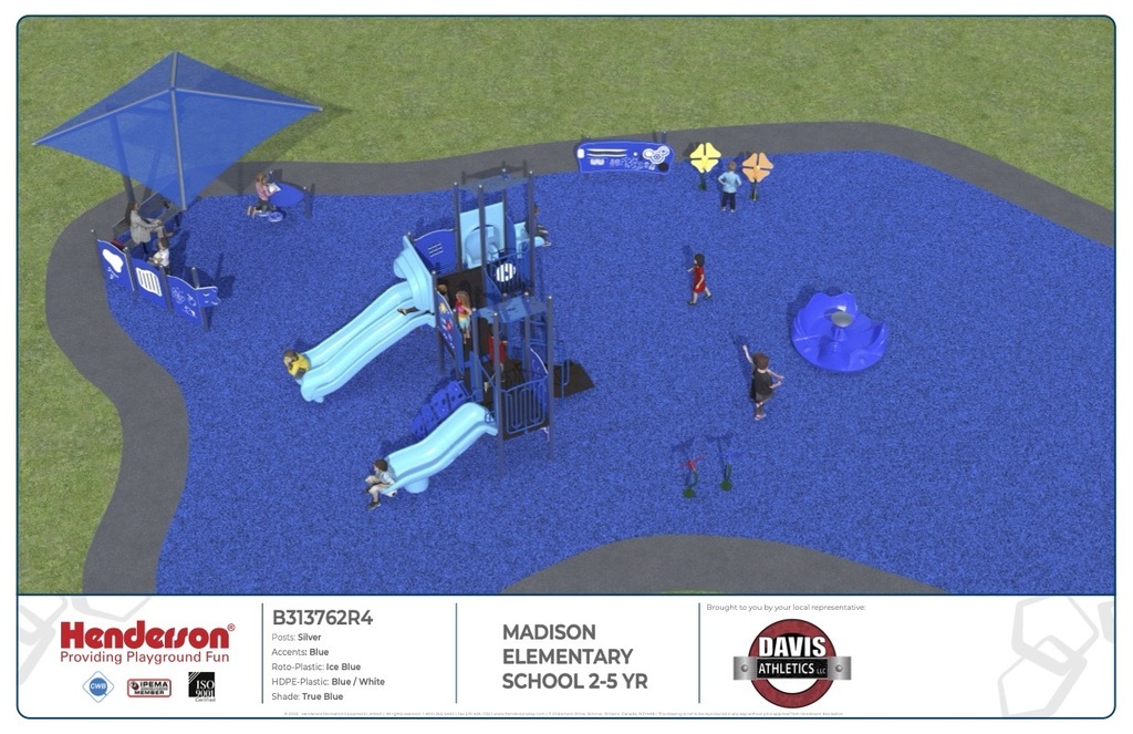 The image features a new, ADA compliant, playground from an aerial perspective. 
