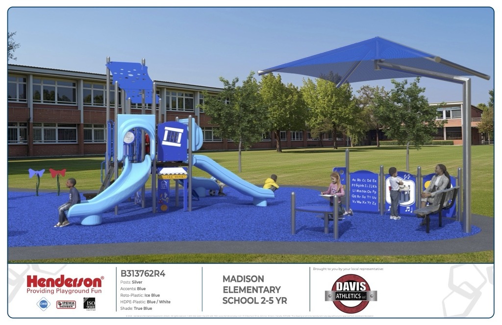 The image features a render brick school building in the background with a new, ADA compliant, playground in the forefront. 