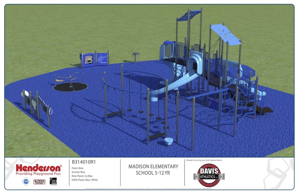 The image features a render brick school building in the background with a new, ADA compliant, playground in the forefront. 