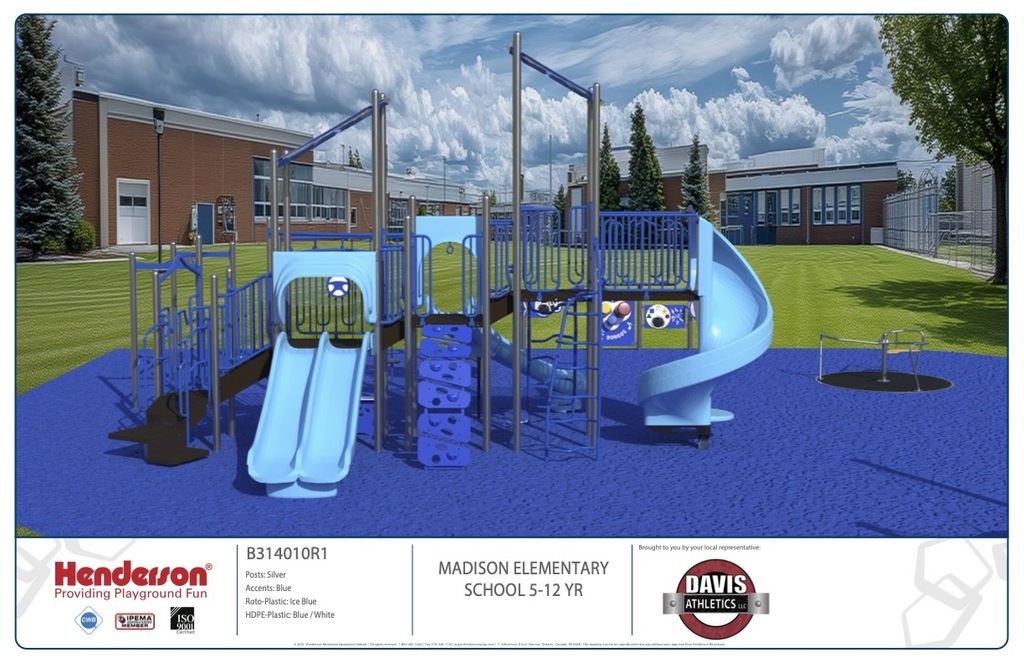 The image features a render brick school building in the background with a new, ADA compliant, playground in the forefront. 