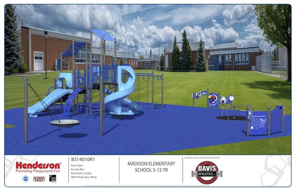The image features a render brick school building in the background with a new, ADA compliant, playground in the forefront. 