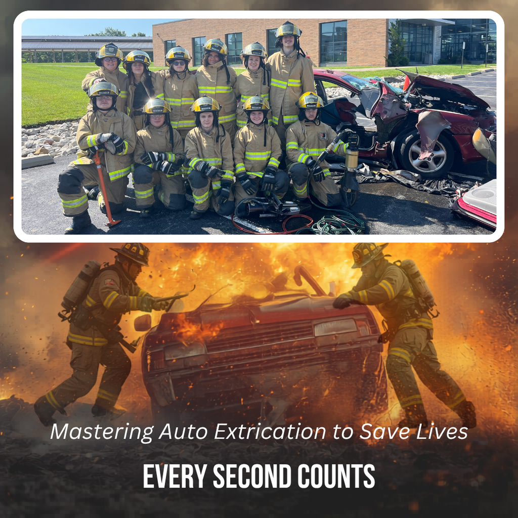 Students wearing firefighting gear practice auto extrication techniques beside a vehicle, with a background image featuring firefighters and a car.