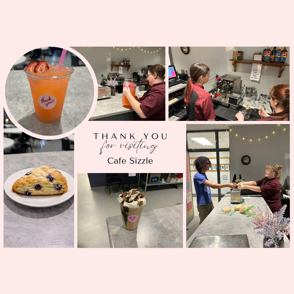 Collage of students, food, and drinks.