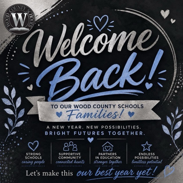 Welcome back image in black, gray, and blue. welcome back to our wood county schools families