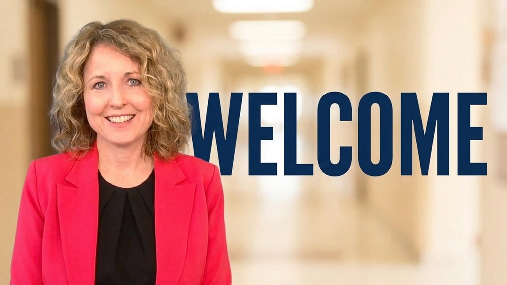 image of the superintendent of Wood County Schools with the word "Welcome" in the background and a school hallway also in the background