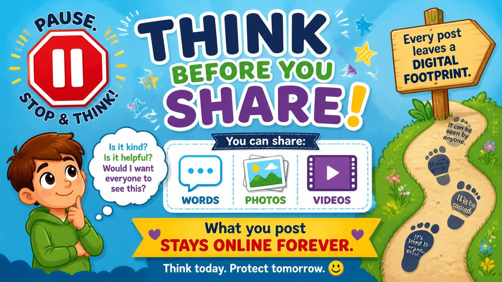 Think Before You Share. Boy asks Is it Kind? Is it helpful? Would I want everyone to see this? 