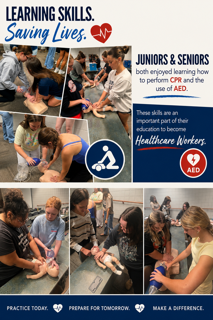 A wide, two-panel promotional graphic about CPR and AED training for high school students. Both panels use a navy blue, red, and white color scheme with photographs of students practicing emergency medical skills on CPR manikins.