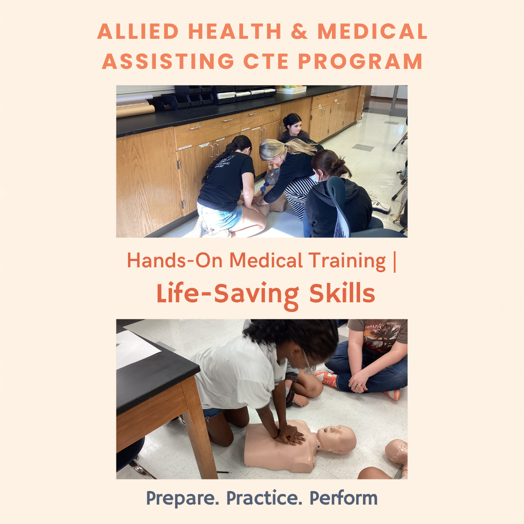 Students participate in hands-on CPR certification practice, demonstrating proper CPR techniques and working with training equipment in a classroom setting.