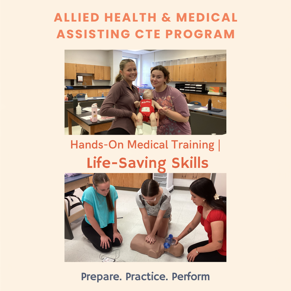 Students participate in hands-on CPR certification practice, demonstrating proper CPR techniques and working with training equipment in a classroom setting.