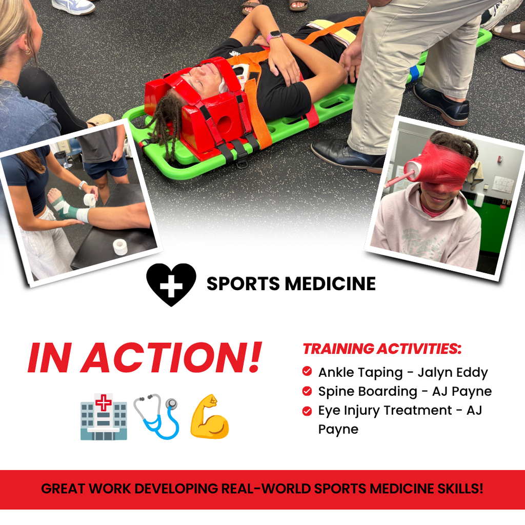Images collage show hands-on sports medicine training in a classroom environment.