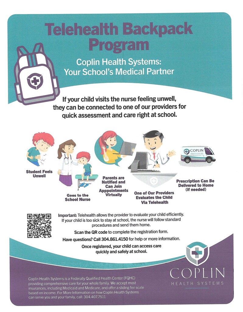 Coplin Health Systems telehealth flyer explains student school-based healthcare option for parents/ guardians.