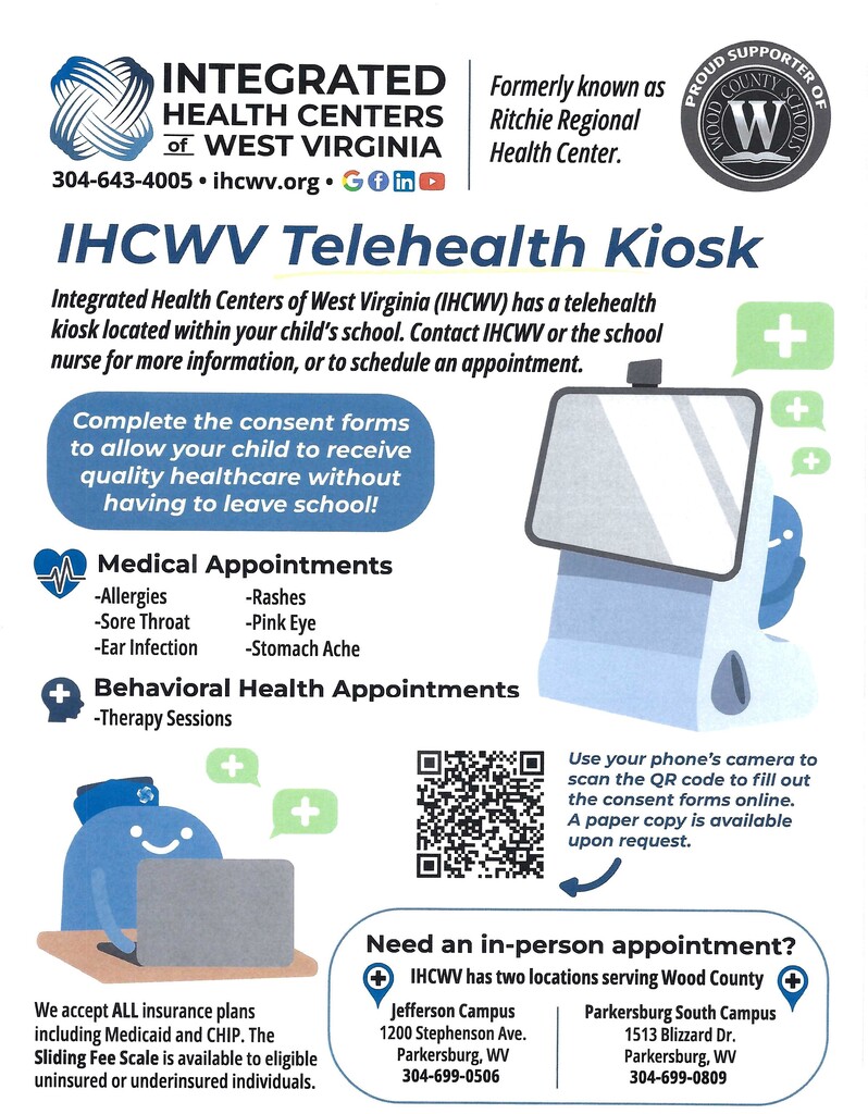 Integrated Health Centers of West Virginia telehealth  flyer explains student school-based health care option for parents/ guardians.  