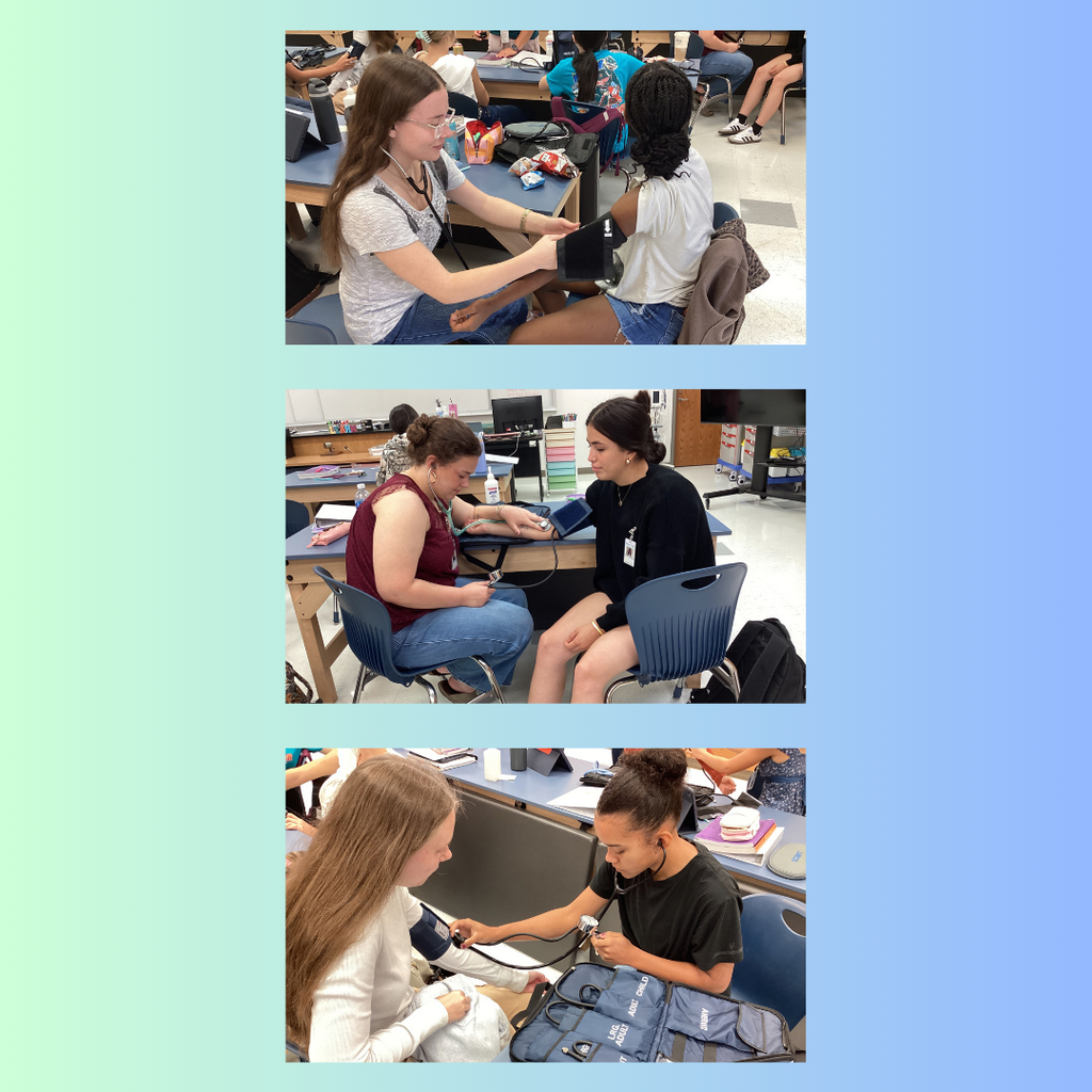 Pictures collage of students practicing blood pressure skills.