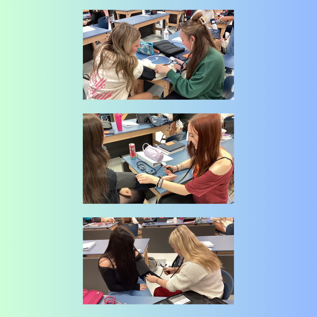 Pictures collage of students practicing blood pressure skills.