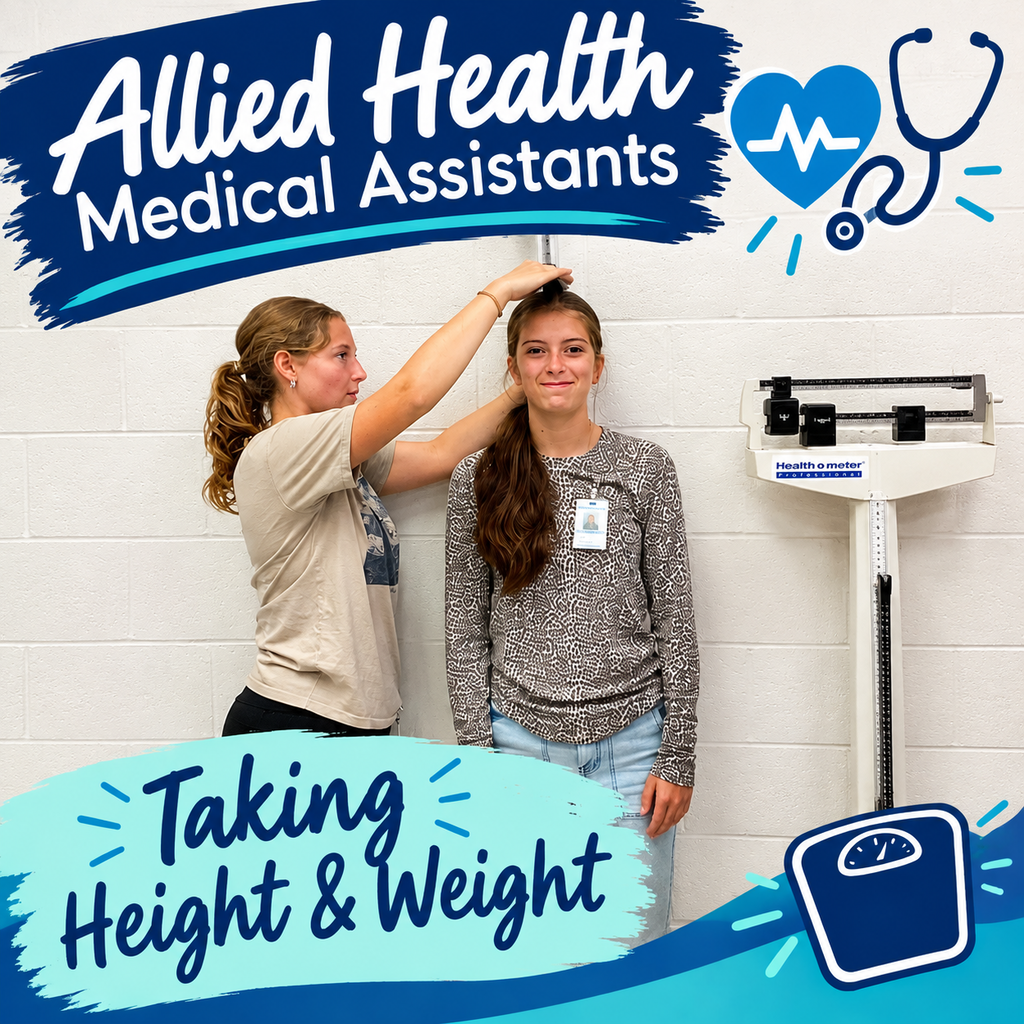Two Allied Health Medical Assistant students practice measuring height and weight using a stadiometer and medical scale. The graphic reads “Allied Health Medical Assistants” and “Taking Height & Weight.”