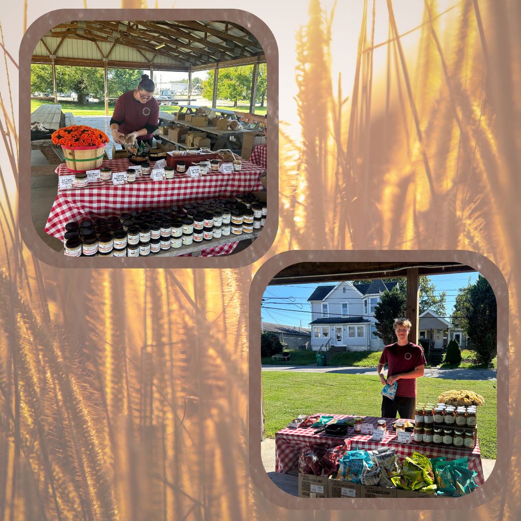 A collage featuring two photographs with rounded borders against a warm, sun-dappled background. Both photos show students wearing matching maroon shirts working outdoors under an open-sided wooden pavilion.