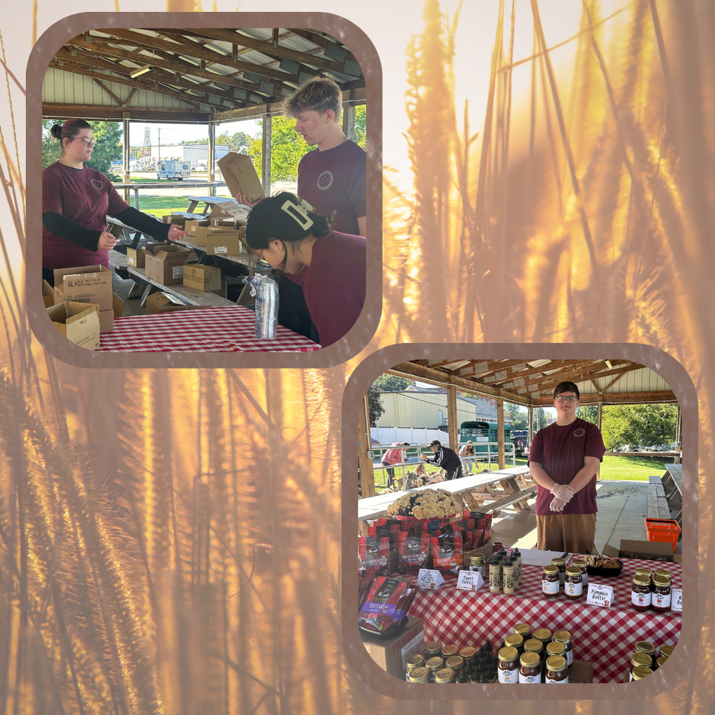 A collage featuring two photographs with rounded borders against a warm, sun-dappled background. Both photos show students wearing matching maroon shirts working outdoors under an open-sided wooden pavilion.