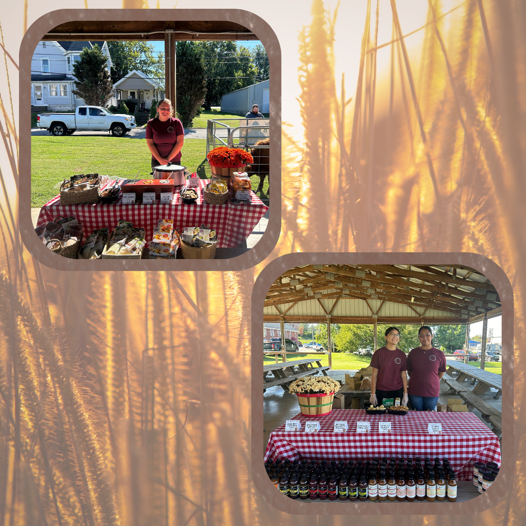 A collage featuring two photographs with rounded borders against a warm, sun-dappled background. Both photos show students wearing matching maroon shirts working outdoors under an open-sided wooden pavilion.