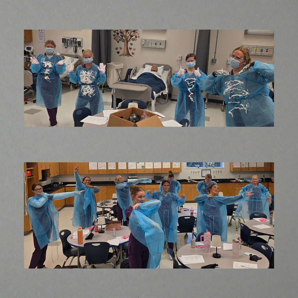 Students practice proper PPE procedures while using shaving cream as a simulated contaminant in a hands-on contamination-control activity.