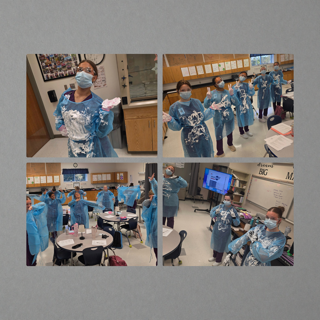 Students practice proper PPE procedures while using shaving cream as a simulated contaminant in a hands-on contamination-control activity.