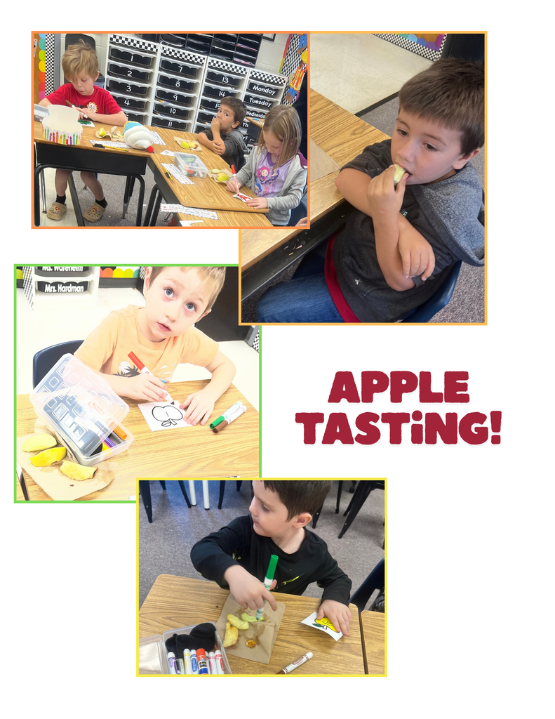 There are 6 students sitting at desks tasting different types of apples and recording if they liked them and also completing other activities.