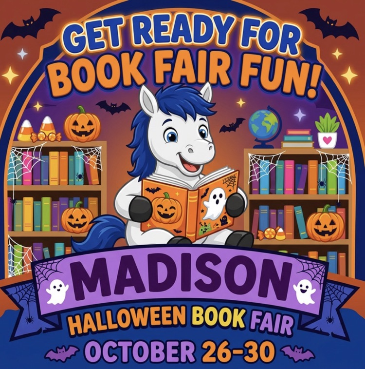 Madison Book Fair Information with Madison Mustang reading books in a Halloween library 