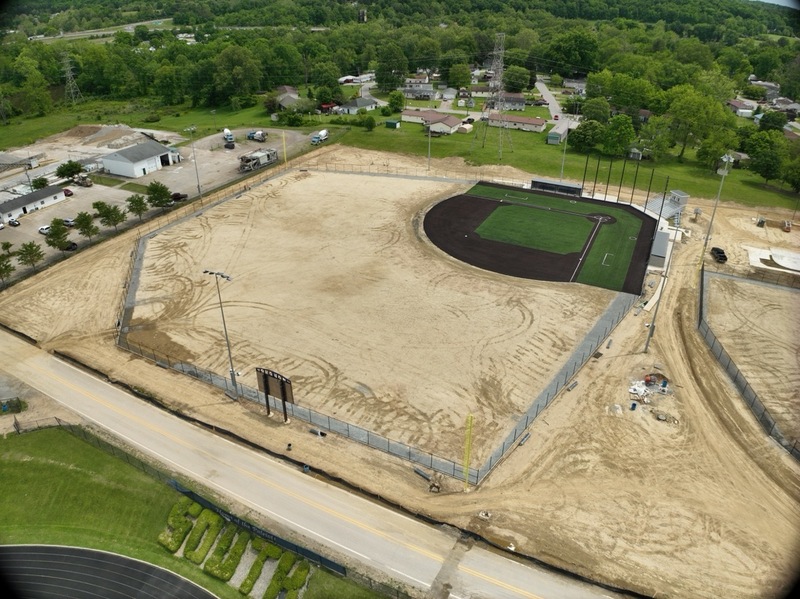 aerial photography of construction progress on the new ballfields at Erickson All-Sports Facility in Parkersburg, West Virginia
