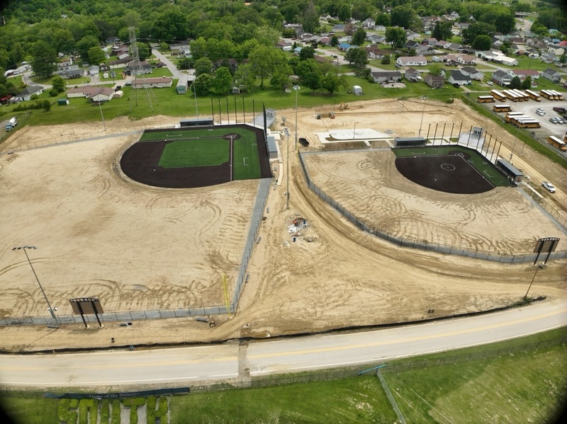 aerial photography of construction progress on the new ballfields at Erickson All-Sports Facility in Parkersburg, West Virginia