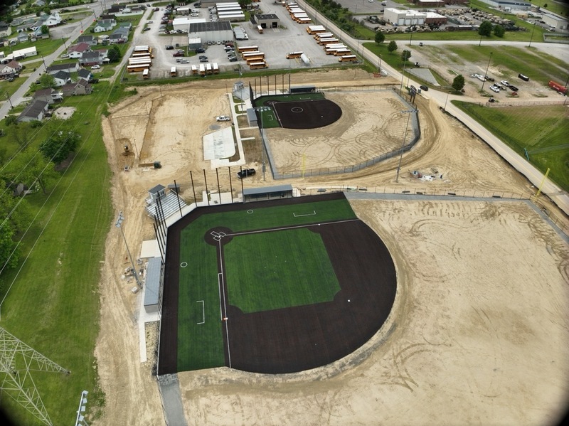 aerial photography of construction progress on the new ballfields at Erickson All-Sports Facility in Parkersburg, West Virginia