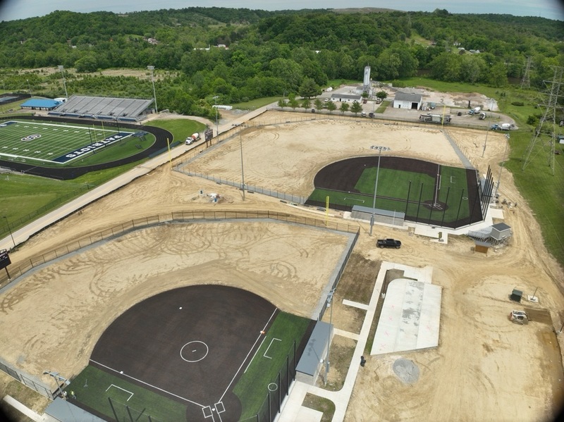aerial photography of construction progress on the new ballfields at Erickson All-Sports Facility in Parkersburg, West Virginia