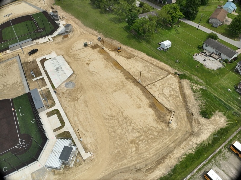 aerial photography of construction progress on the new ballfields at Erickson All-Sports Facility in Parkersburg, West Virginia