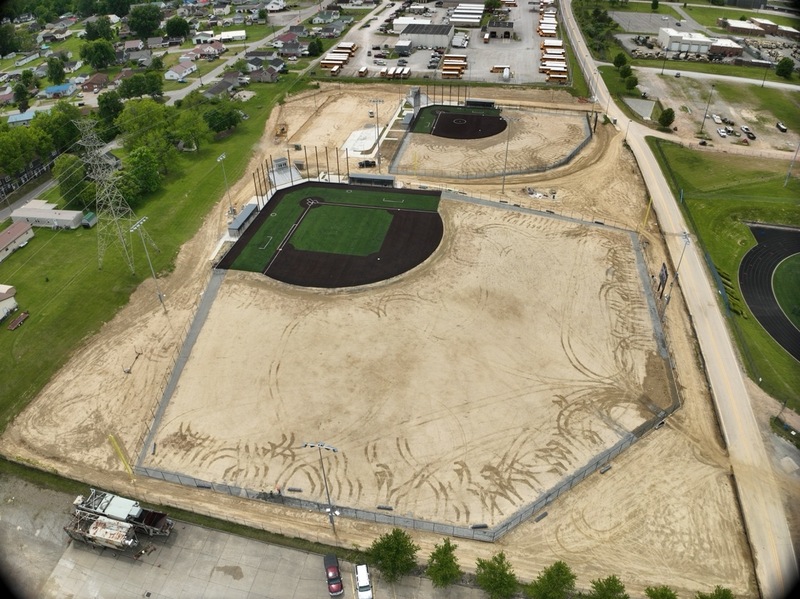 aerial photography of construction progress on the new ballfields at Erickson All-Sports Facility in Parkersburg, West Virginia