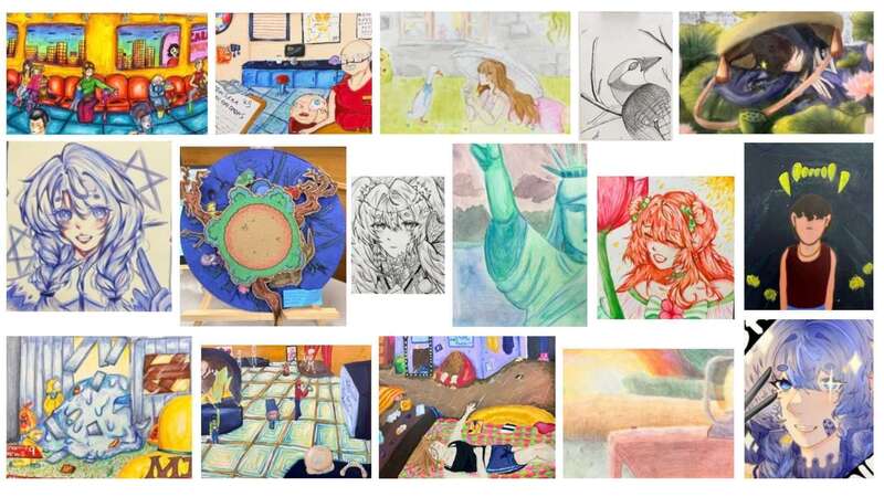 image features a collages of 16 art pieces