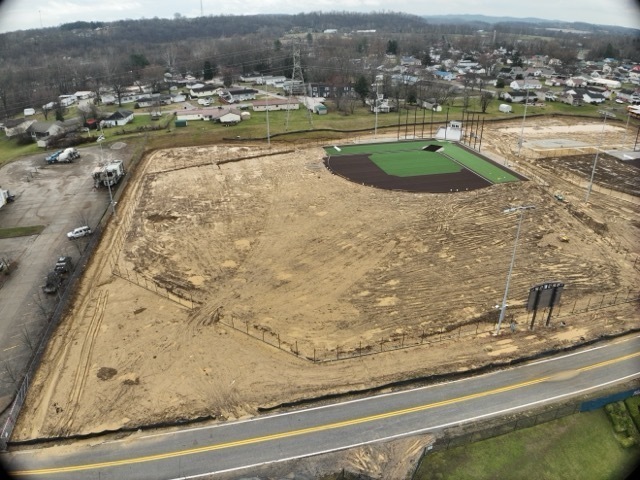 aerial construction view of the new baseball field at Erickson All-Sports Facility
