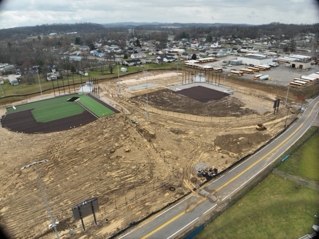 aerial views of baseball and softball field construction at Erickson All-Sports Facility