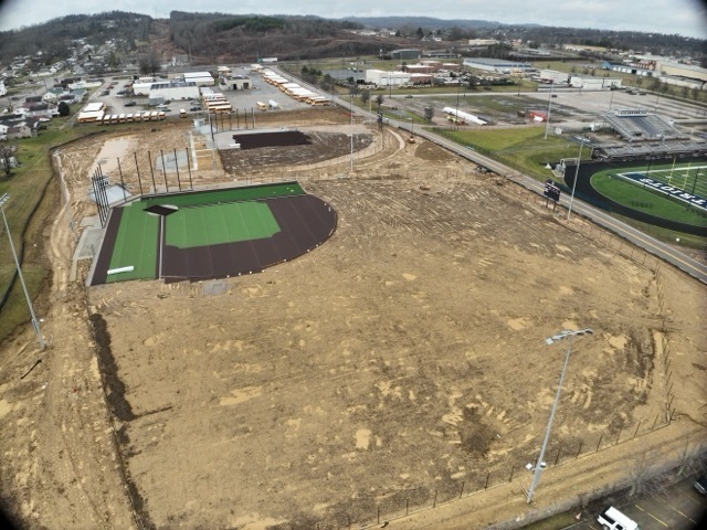 aerial views of baseball and softball field construction at Erickson All-Sports Facility