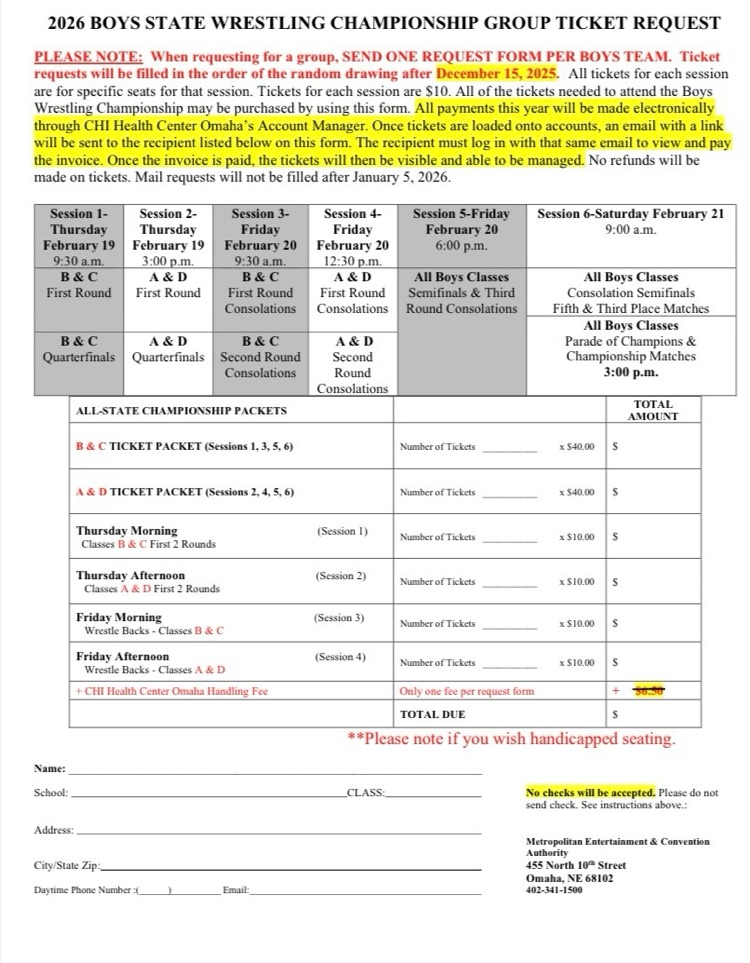 Boys Wrestling State Ticket Order Form