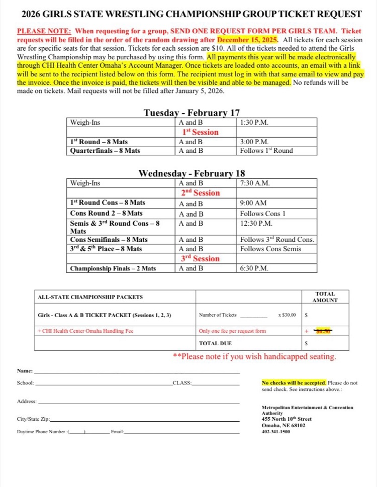 Girls Wrestling State Ticket Order Form