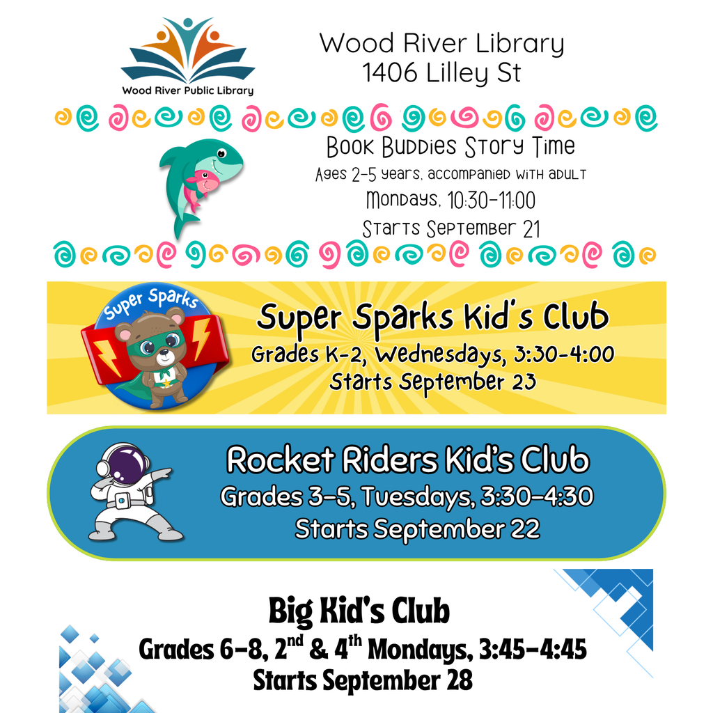 Wood River Library invites all kids to our afterschool kid’s clubs! As always, these clubs and activities are FREE! Please sign up using this link: https://signup.com/go/CStUiXU