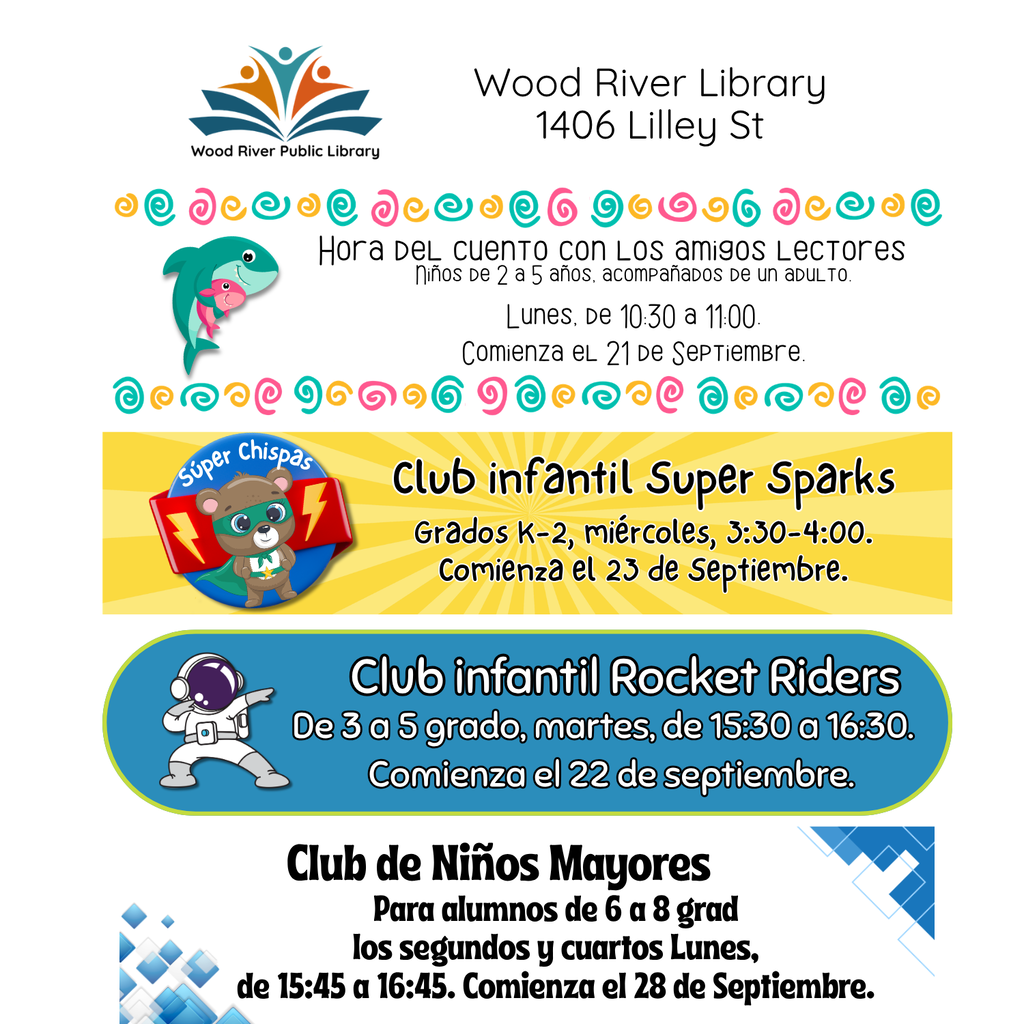 Wood River Library invites all kids to our afterschool kid’s clubs! As always, these clubs and activities are FREE! Please sign up using this link: https://signup.com/go/CStUiXU