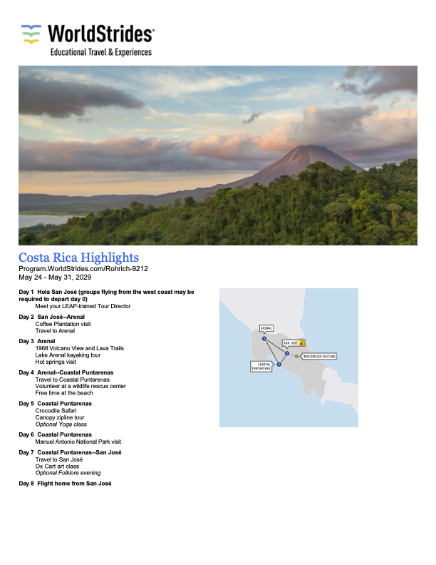 Invitiation and itinerary for Costa Rica Trip