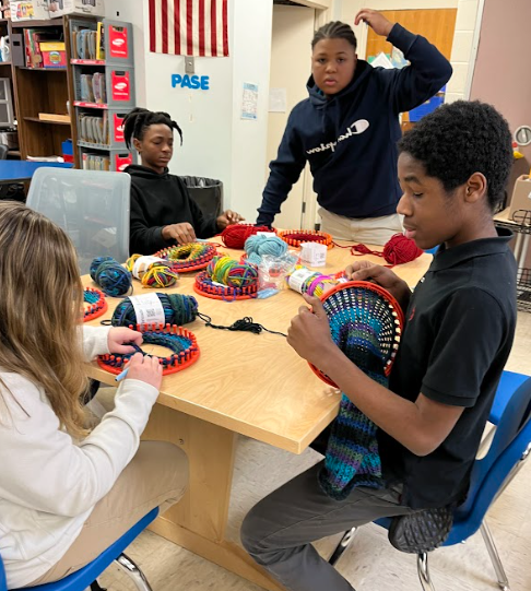 students knitting