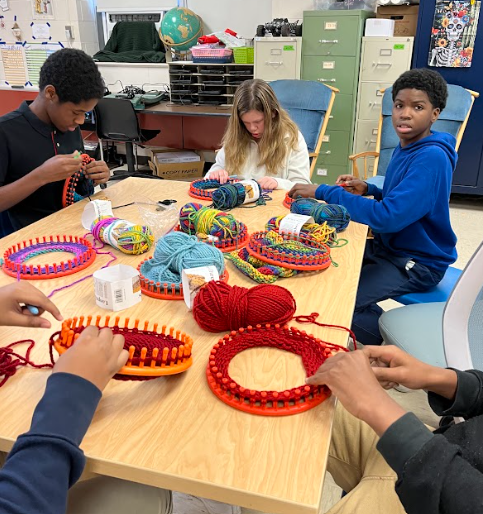 students knitting