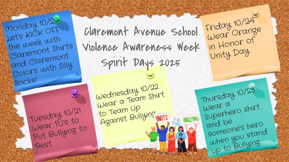 Claremont Avenue School #20 Spirit Days  10/20/25 - 10/24/25